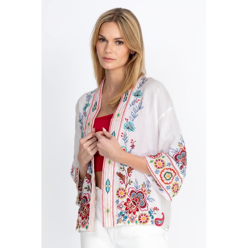 Johnny Was Sicilia Cropped‎ Linen Floral Embroidered Kimono Medium Boho Festival